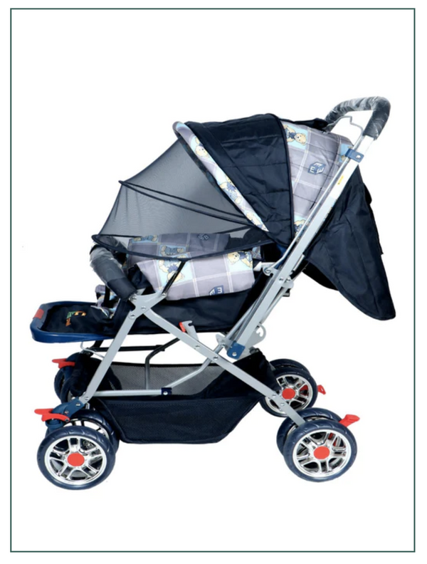FIRSTCRAWL BABY STROLLER WITH MOSQUITO NET & REVERSIBLE HANDLE - GRAY BUNNY