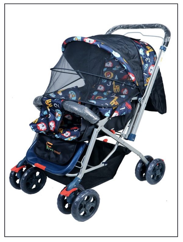 FIRSTCRAWL BABY STROLLER WITH MOSQUITO NET & REVERSIBLE HANDLE - NAVY BLUE