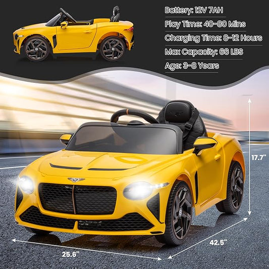 12V Ride on Car, Licensed Bentley Bacalar Kids Electric Car w/Parent Remote Control, 3 Speeds, Scissor Doors, Music, LED, Kids Cars to Drive Gift for Boys Girls, Yellow