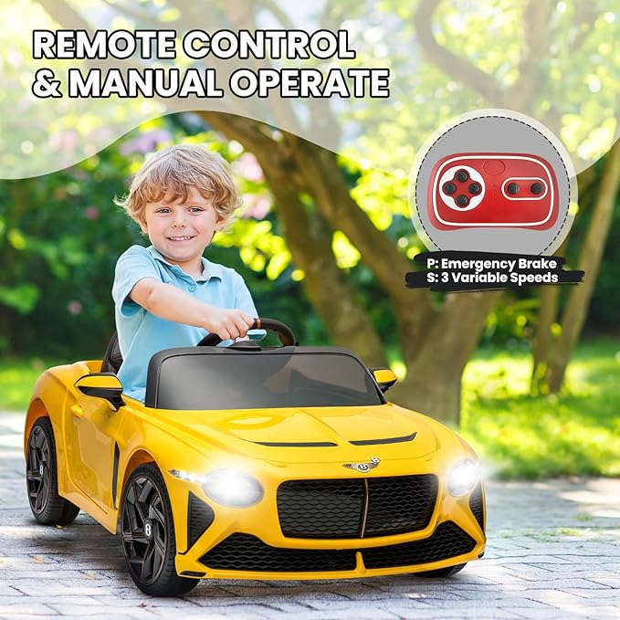 12V Ride on Car, Licensed Bentley Bacalar Kids Electric Car w/Parent Remote Control, 3 Speeds, Scissor Doors, Music, LED, Kids Cars to Drive Gift for Boys Girls, Yellow