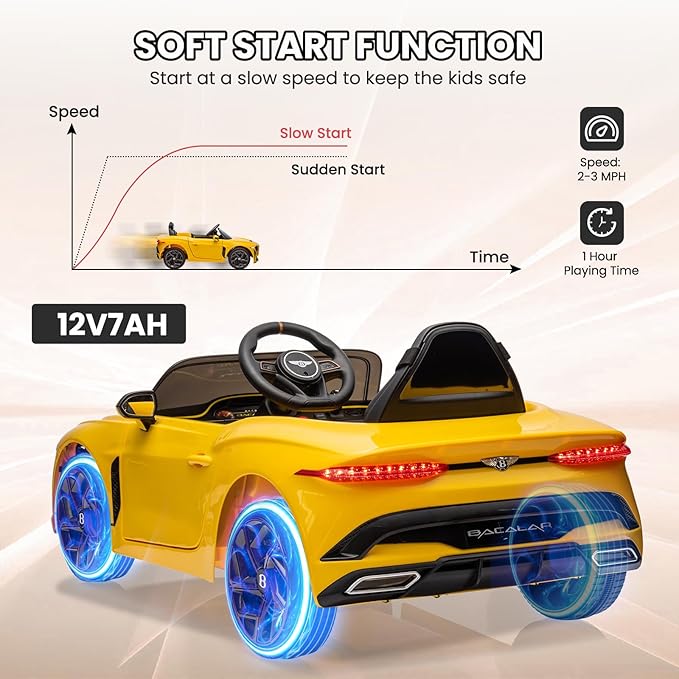 12V Ride on Car, Licensed Bentley Bacalar Kids Electric Car w/Parent Remote Control, 3 Speeds, Scissor Doors, Music, LED, Kids Cars to Drive Gift for Boys Girls, Yellow