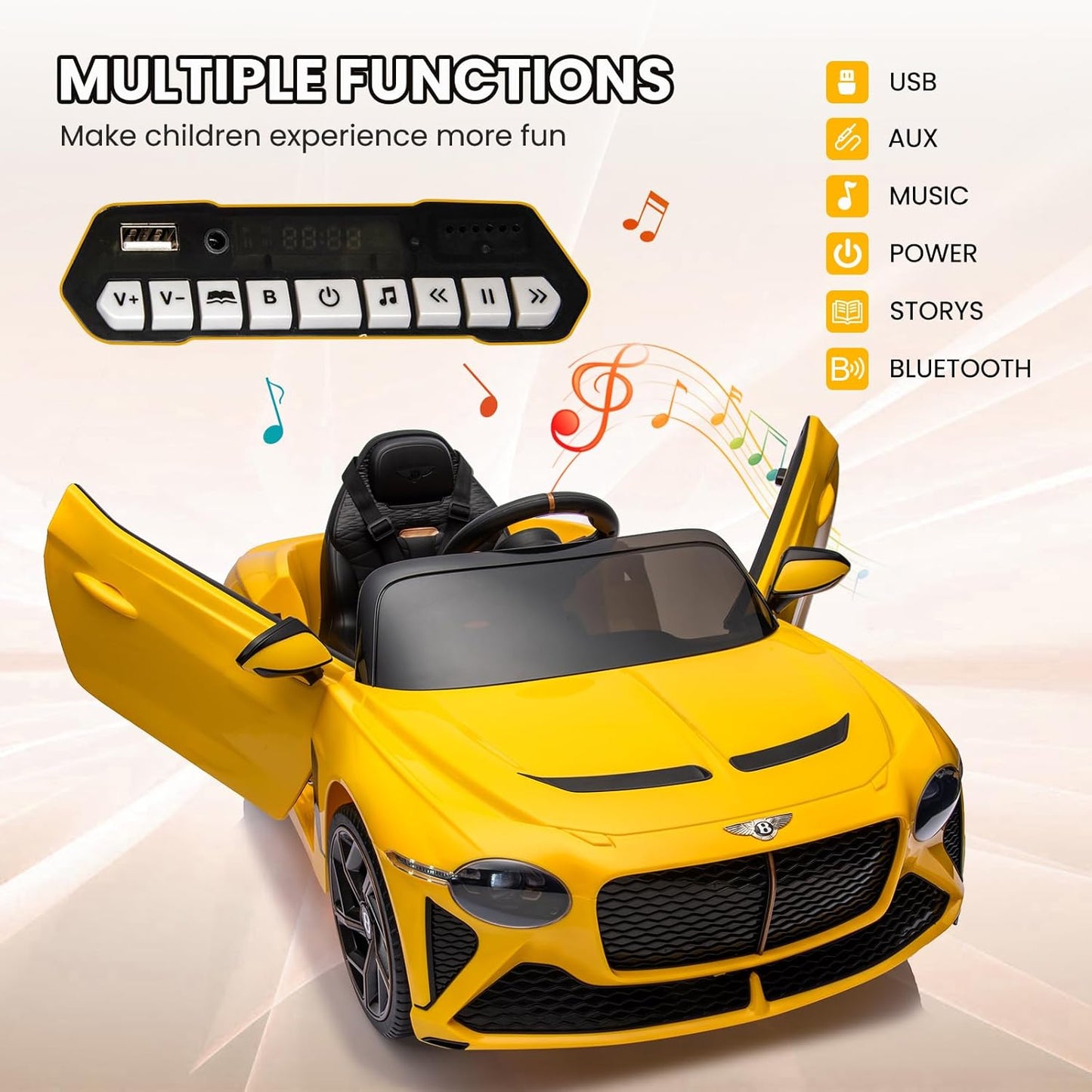 12V Ride on Car, Licensed Bentley Bacalar Kids Electric Car w/Parent Remote Control, 3 Speeds, Scissor Doors, Music, LED, Kids Cars to Drive Gift for Boys Girls, Yellow