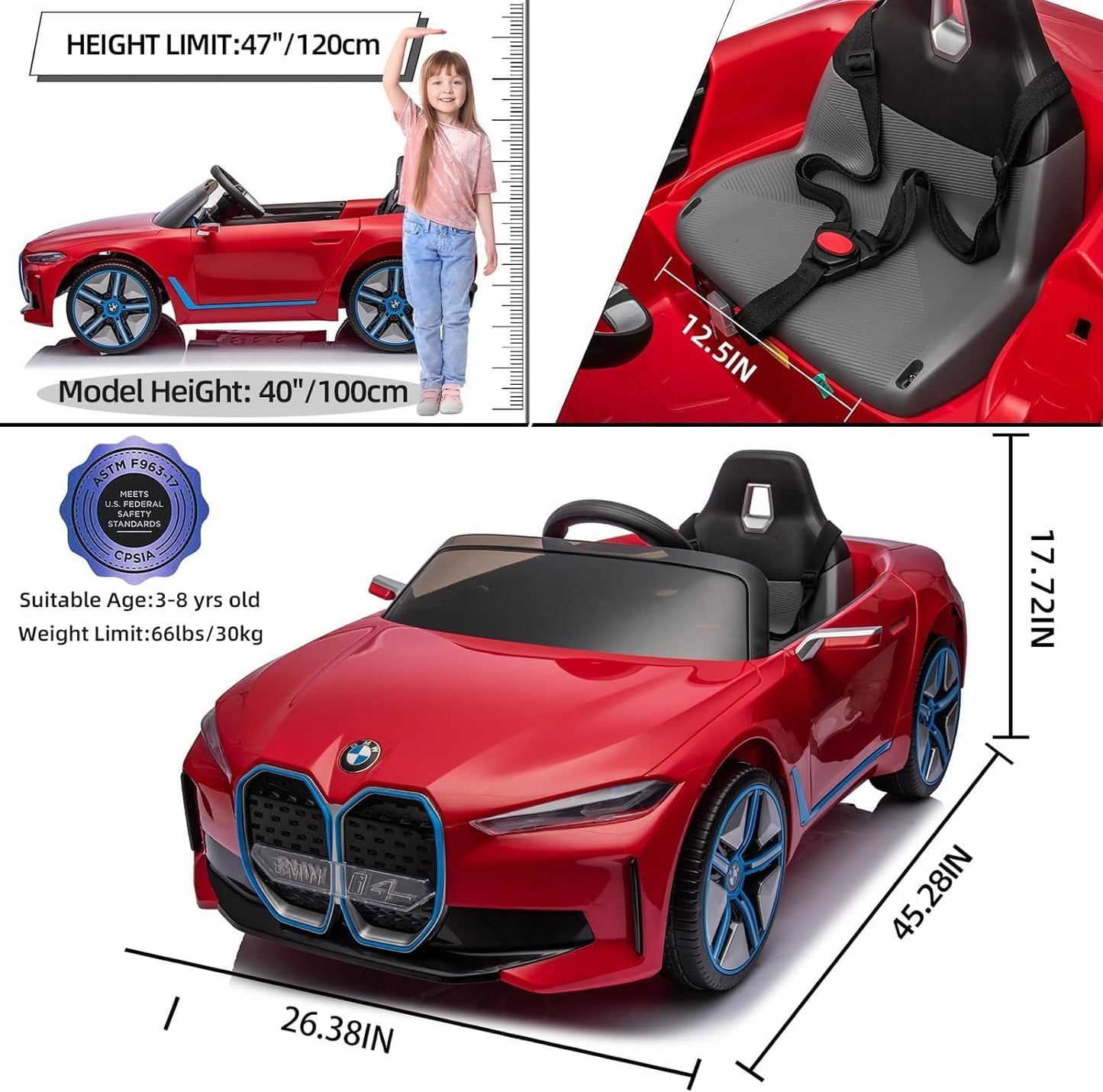 BMW-12V Kids Ride on Car Licensed I4 Kids Electric Vehicle Toy with Remote Control, Music, Bluetooth, LED Light, with speed and Suspension (Red)