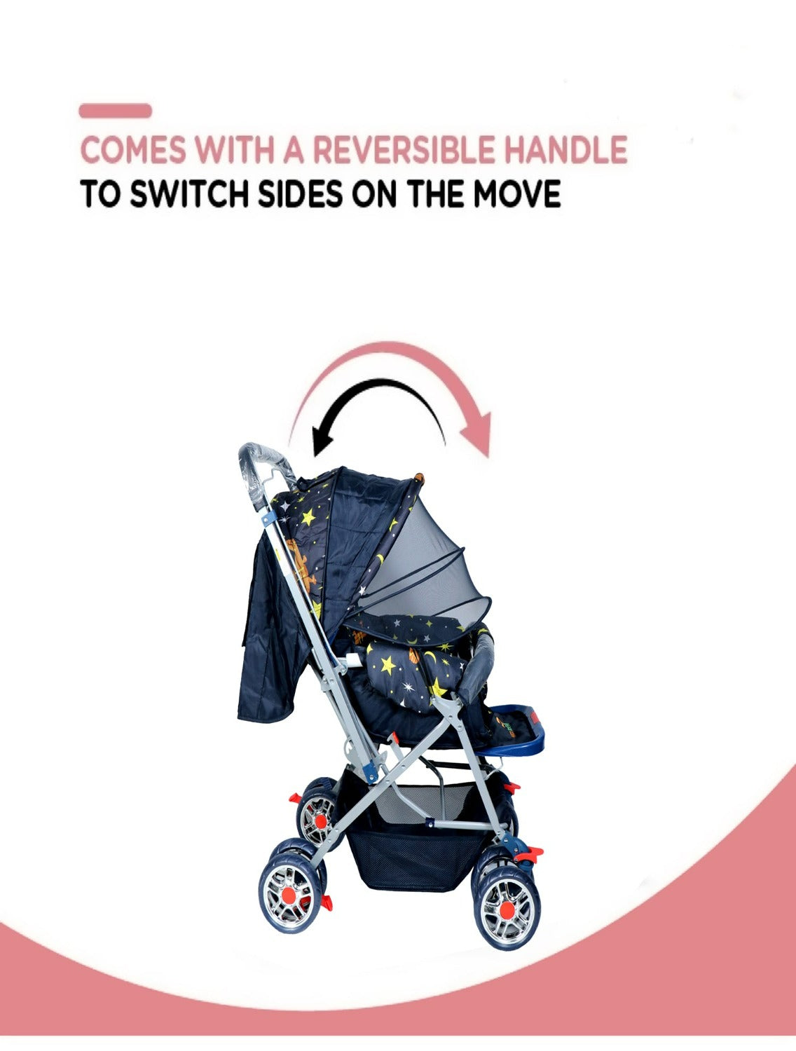Firstcrawl Baby Stroller With Mosquito Net & Reversible Handle - Galaxy Black