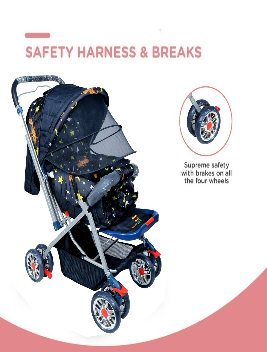 Firstcrawl Baby Stroller With Mosquito Net & Reversible Handle - Galaxy Black