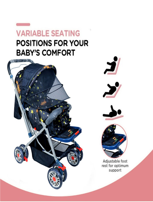 Firstcrawl Baby Stroller With Mosquito Net & Reversible Handle - Galaxy Black