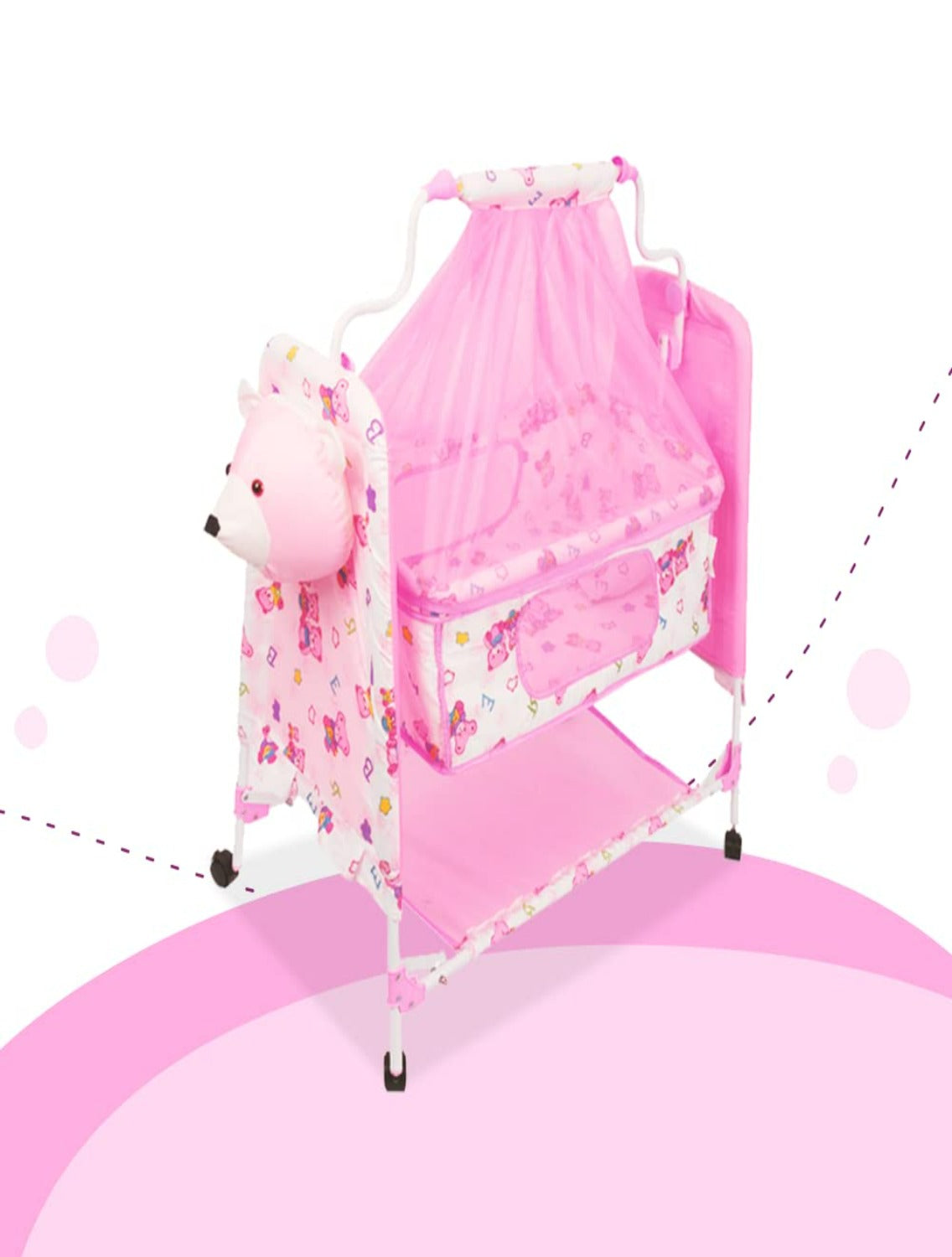 Teddy Print Cradle With Mosquito Net PINK