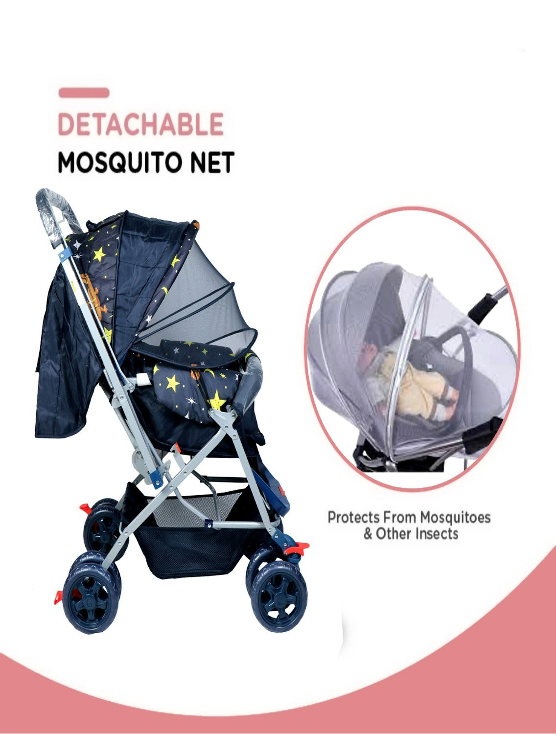 FIRSTCRAWL BABY STROLLER WITH MOSQUITO NET & REVERSIBLE HANDLE - GALAXY BLACK