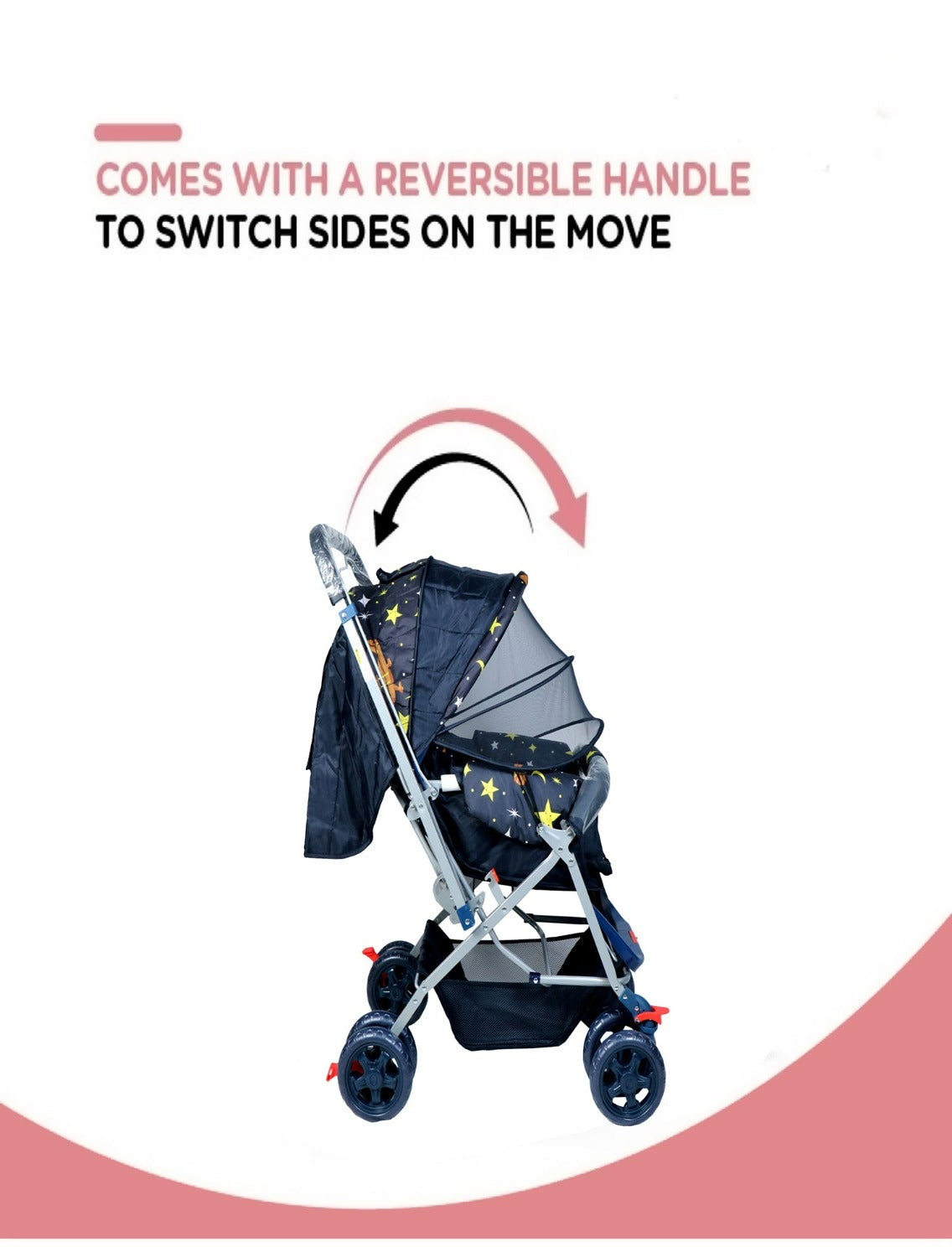FIRSTCRAWL BABY STROLLER WITH MOSQUITO NET & REVERSIBLE HANDLE - GALAXY BLACK