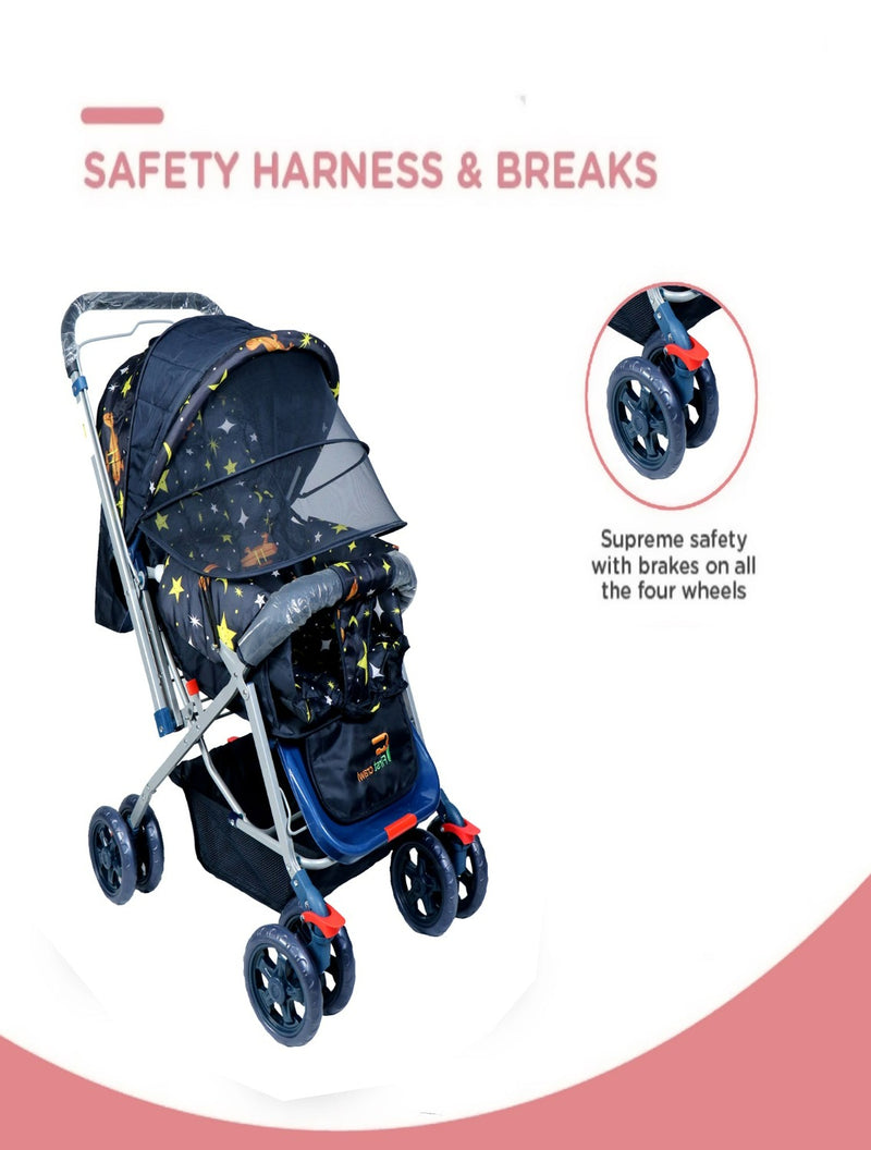 FIRSTCRAWL BABY STROLLER WITH MOSQUITO NET & REVERSIBLE HANDLE - GALAXY BLACK