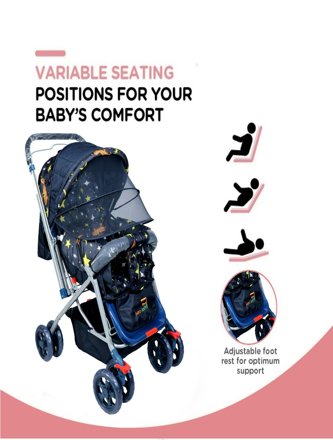 FIRSTCRAWL BABY STROLLER WITH MOSQUITO NET & REVERSIBLE HANDLE - GALAXY BLACK