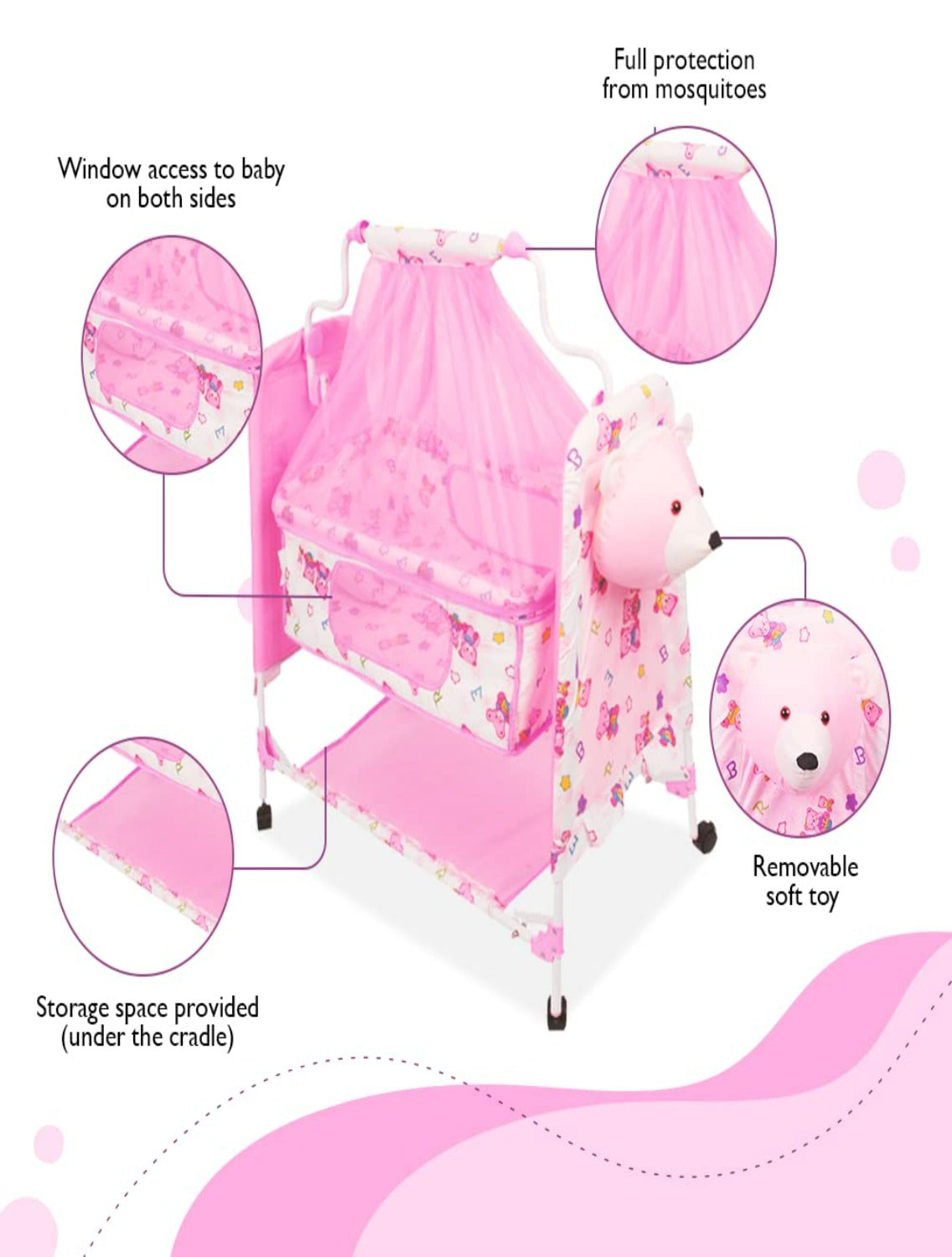 Teddy Print Cradle With Mosquito Net PINK
