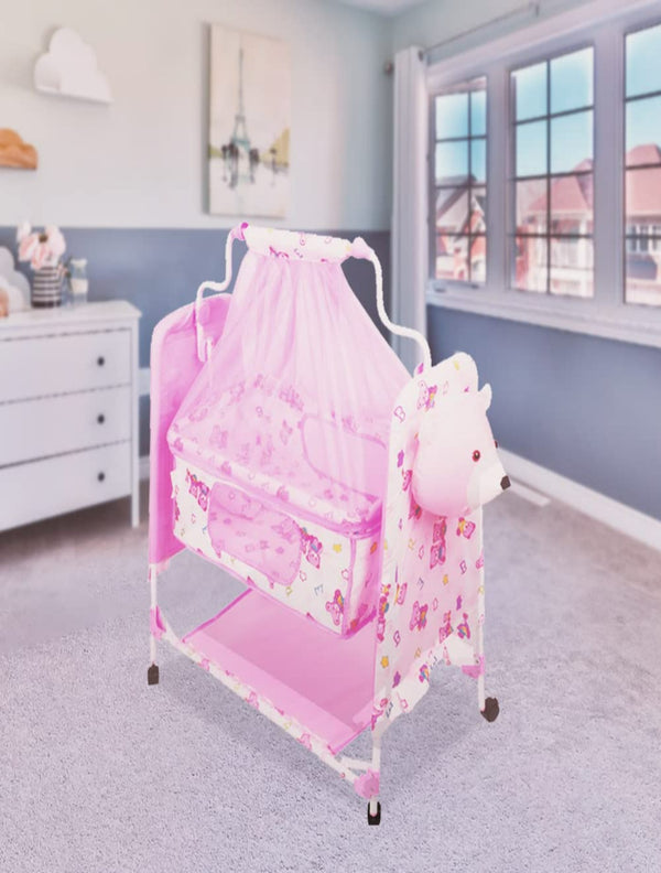 Teddy Print Cradle With Mosquito Net PINK