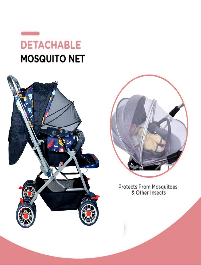 Firstcrawl Baby Stroller With Mosquito Net & Reversible Handle - Navy Blue