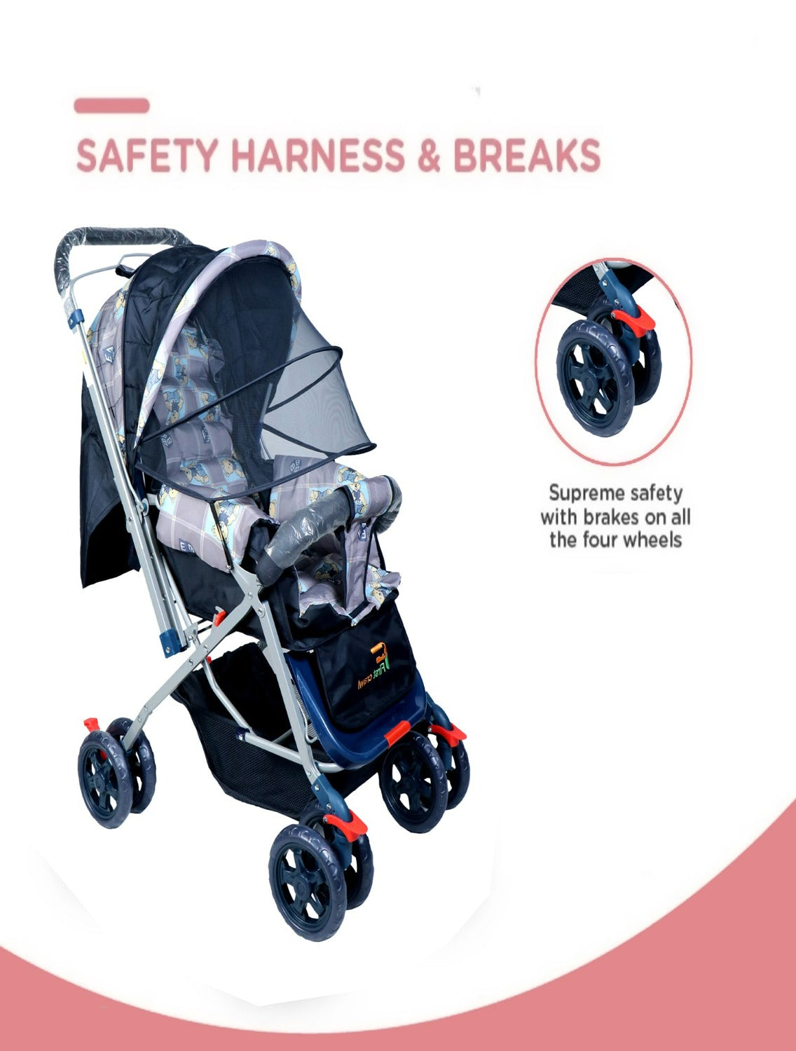 FIRSTCRAWL BABY STROLLER WITH MOSQUITO NET & REVERSIBLE HANDLE - GRAY BUNNY