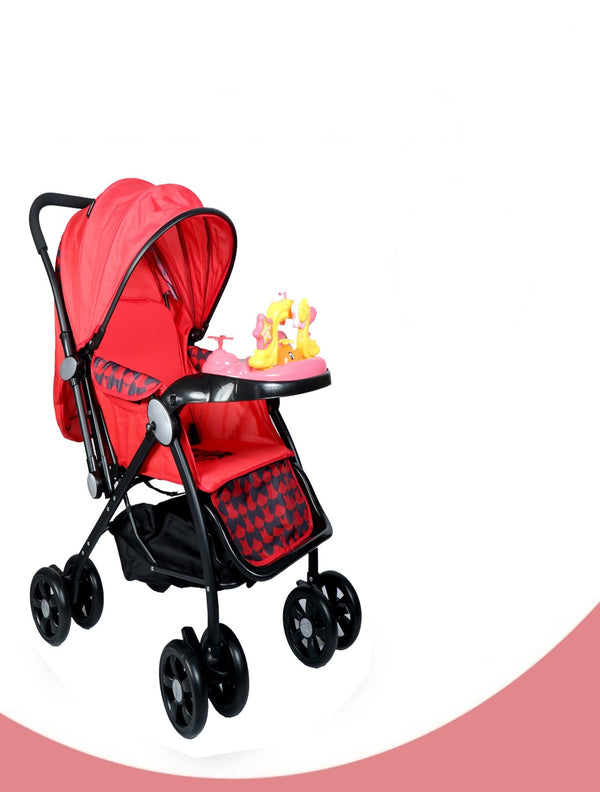 Multi-Adjustment Ultra Baby Stroller Pram & Buggy, Pushchair Reversible Handle with Anti-Shock Rubber Wheels (Red)