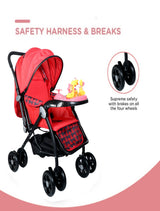 Multi-Adjustment Ultra Baby Stroller Pram & Buggy, Pushchair Reversible Handle with Anti-Shock Rubber Wheels (Red)