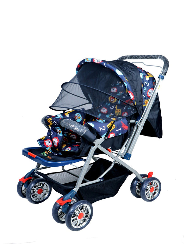 Firstcrawl Baby Stroller With Mosquito Net & Reversible Handle - Navy Blue