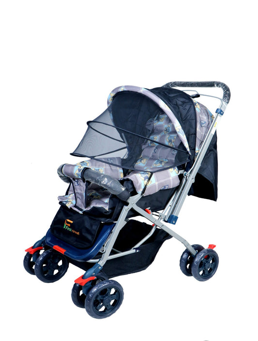 FIRSTCRAWL BABY STROLLER WITH MOSQUITO NET & REVERSIBLE HANDLE - GRAY BUNNY