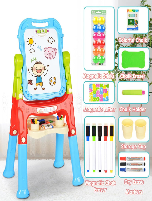 Educational Easel for Kids, Adjustable Standing Art Easel for Toddler, Double Magnetic Drawing Board with Painting Accessories