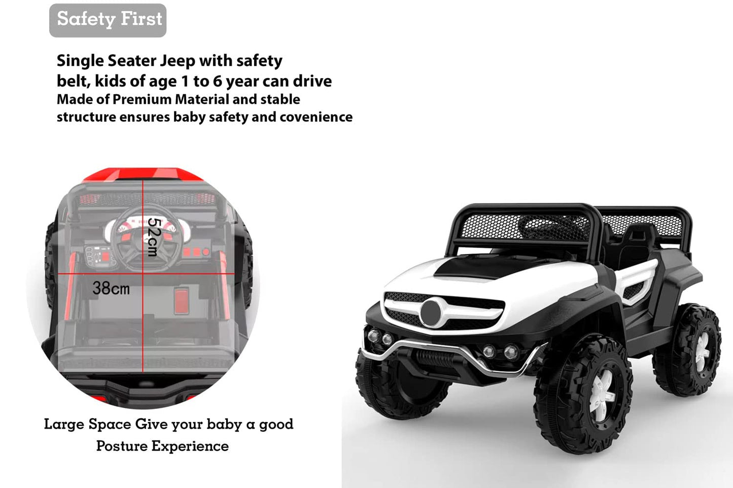 GettBoles 2288 Battery Operated Ride on Jeep for Kids with Music, Lights and Swing- Electric Remote Control Ride on Jeep for Children to Drive of Age 1 to 6 Years, White