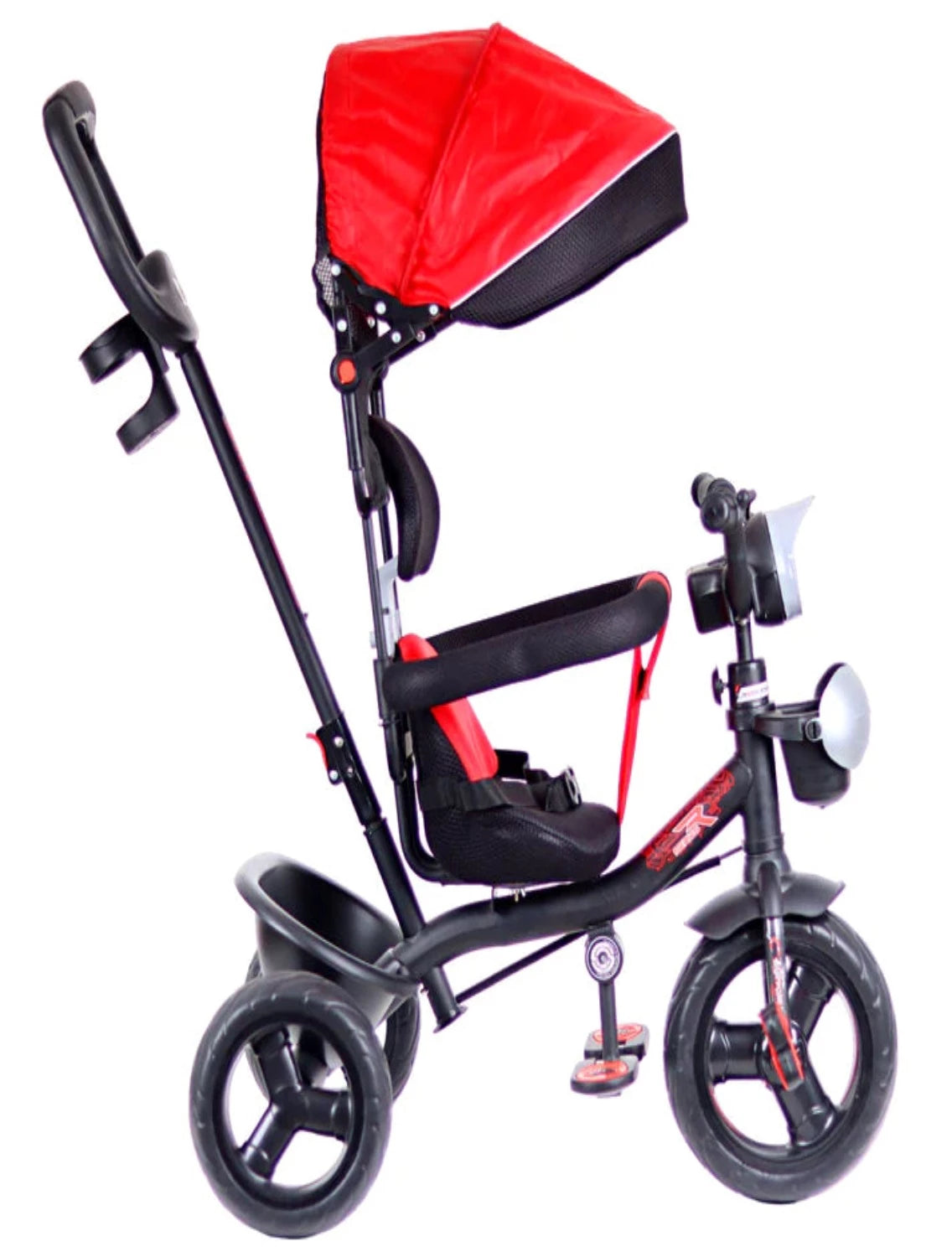 Luusa R9 Power 500 Tricycle for Kids with Hood and Parent Handle Black-Red