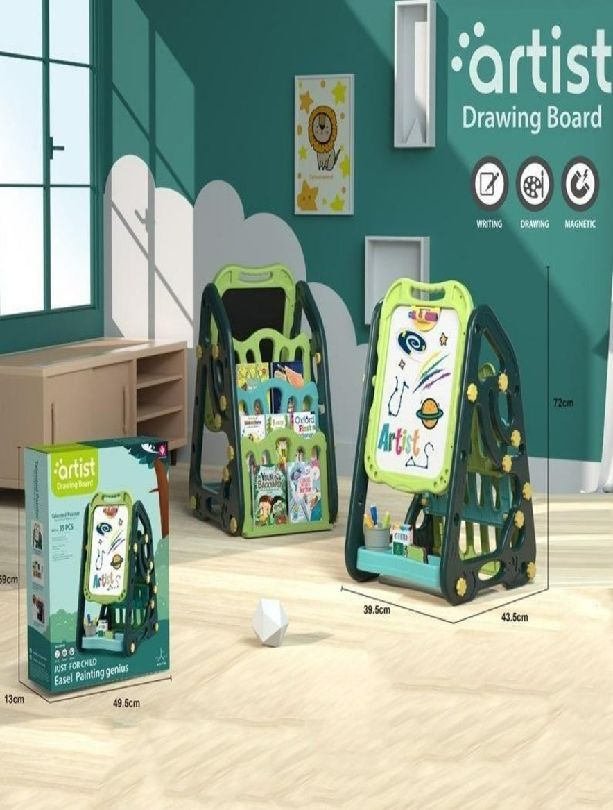 Adjustable Standing Easel Board Double Sided /Magnetic Kids Art Easel With Book Shelf