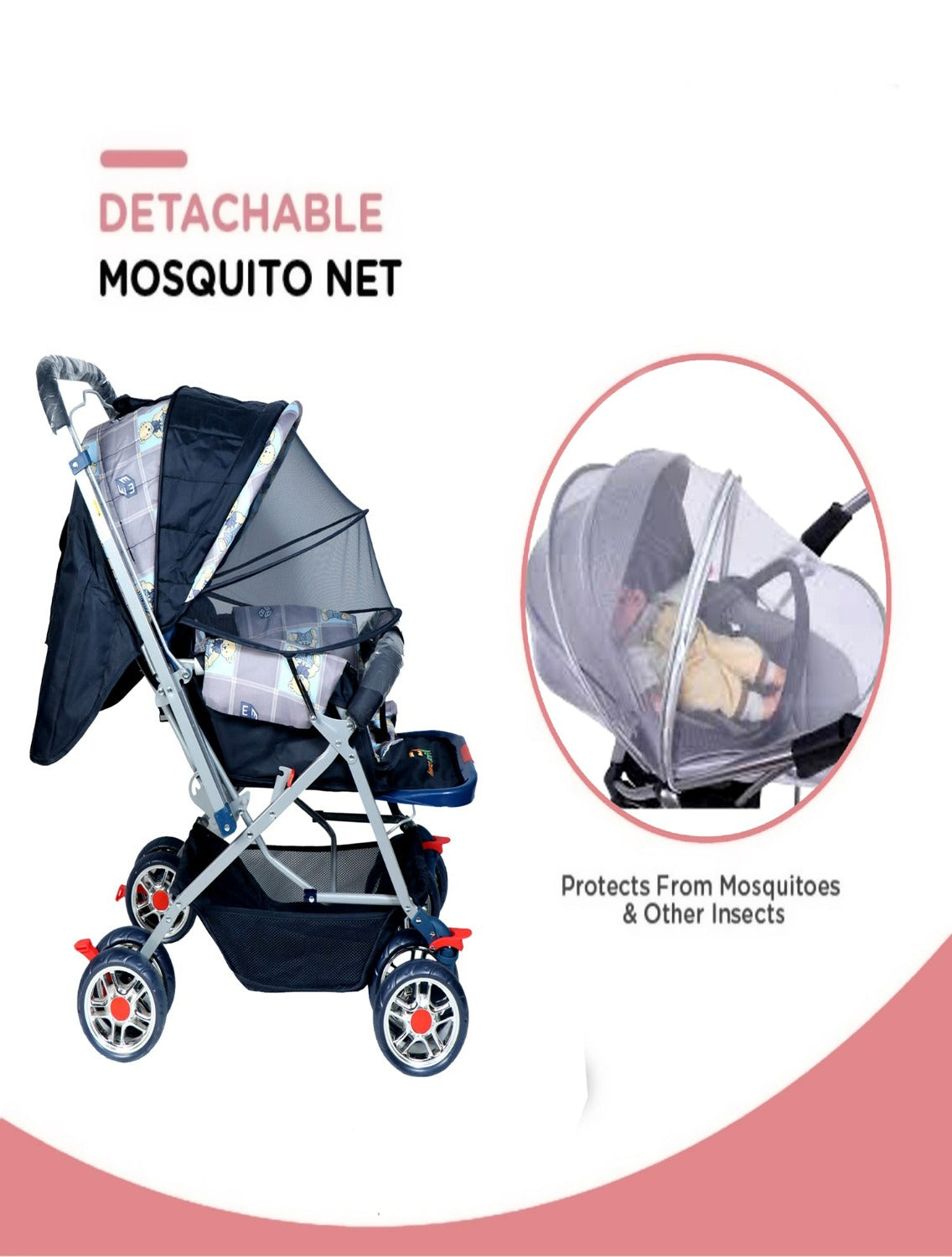 Firstcrawl Baby Stroller With Mosquito Net & Reversible Handle - GrAy Bunny