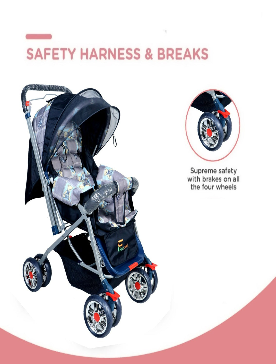 Firstcrawl Baby Stroller With Mosquito Net & Reversible Handle - GrAy Bunny