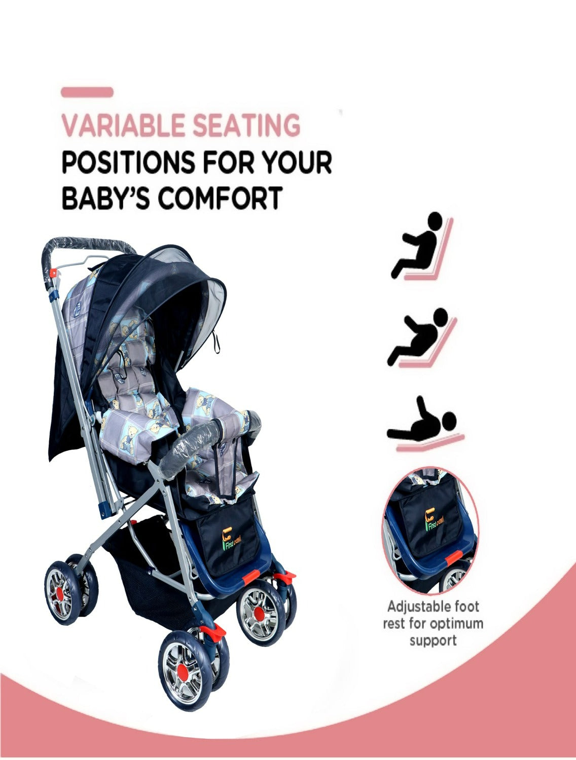 Firstcrawl Baby Stroller With Mosquito Net & Reversible Handle - GrAy Bunny