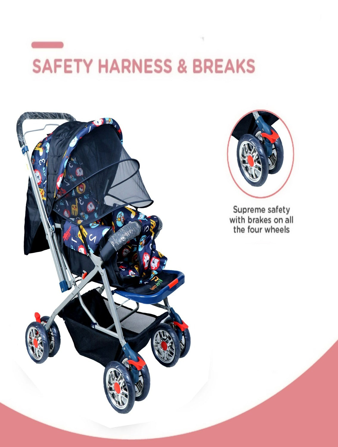 Firstcrawl Baby Stroller With Mosquito Net & Reversible Handle - Navy Blue