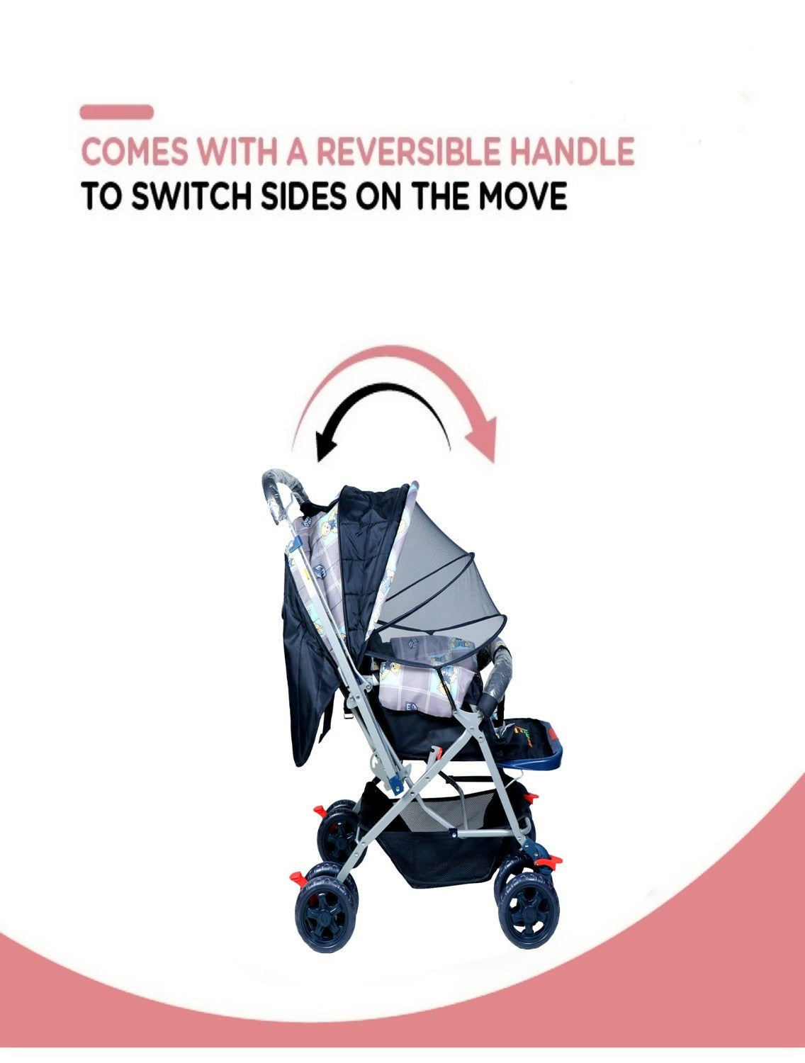 FIRSTCRAWL BABY STROLLER WITH MOSQUITO NET & REVERSIBLE HANDLE - GRAY BUNNY