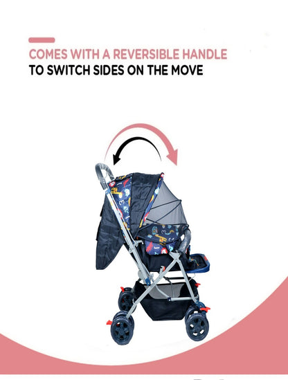 FIRSTCRAWL BABY STROLLER WITH MOSQUITO NET & REVERSIBLE HANDLE - NAVY BLUE