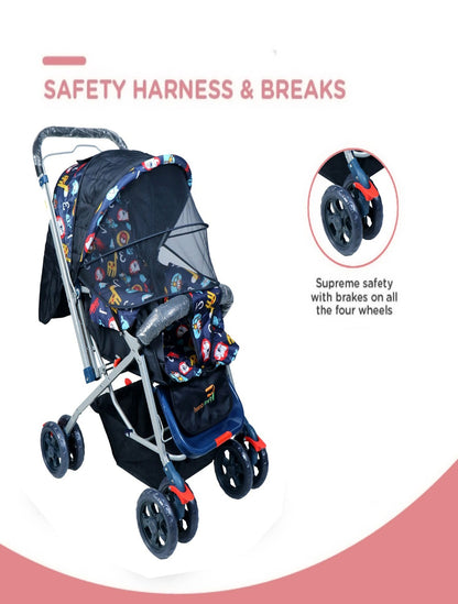 FIRSTCRAWL BABY STROLLER WITH MOSQUITO NET & REVERSIBLE HANDLE - NAVY BLUE