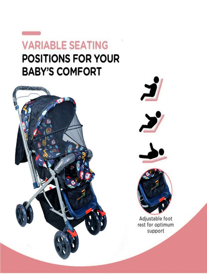 FIRSTCRAWL BABY STROLLER WITH MOSQUITO NET & REVERSIBLE HANDLE - NAVY BLUE