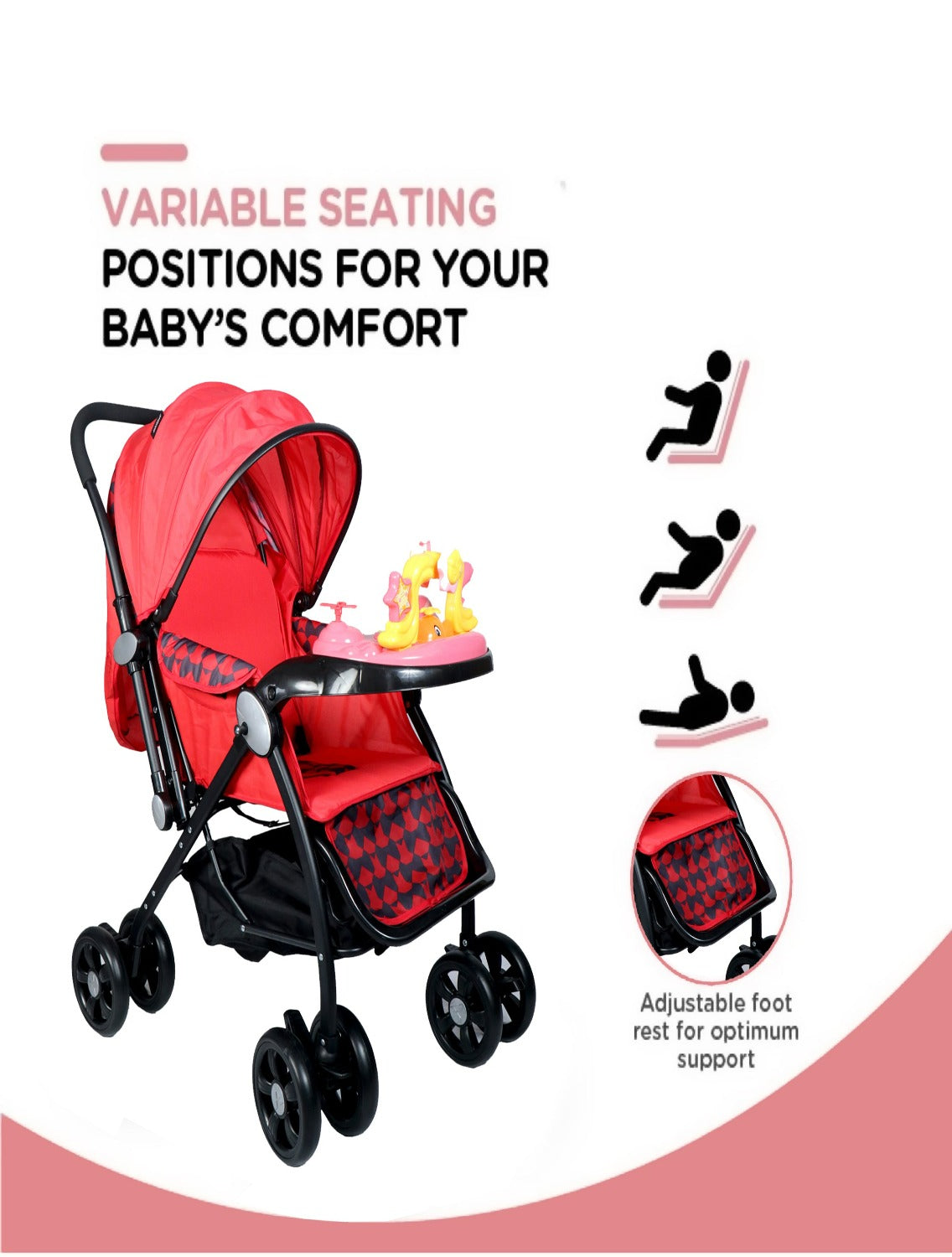 Multi-Adjustment Ultra Baby Stroller Pram & Buggy, Pushchair Reversible Handle with Anti-Shock Rubber Wheels (Red)