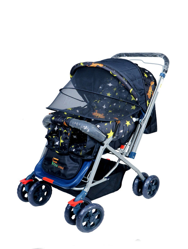 FIRSTCRAWL BABY STROLLER WITH MOSQUITO NET & REVERSIBLE HANDLE - GALAXY BLACK